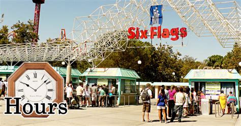 What time does six flags close - Six Flags Over Texas is a 212-acre (86 ha) amusement park, in Arlington, ... Attendance reached close to 2 million visitors a year by the end of the decade. For 1974, Six Flags Over Texas announced attendance had reached 2,184,000. ... During this time, Six Flags (the company) began the company-wide process of removing licensed theming across ...